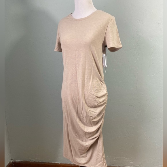 New Treasure & Bond Side Ruched BodyCon Midi Dress Beige Oatmeal Heather - Picture 3 of 5